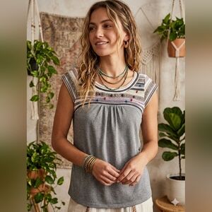 Anthropologie Vintage One September Embroidered Silver Shirt